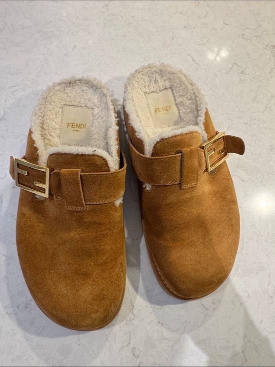 Fendi Shoes - Fendi Chestnut Suede Shearling Mule with Gold Buckle